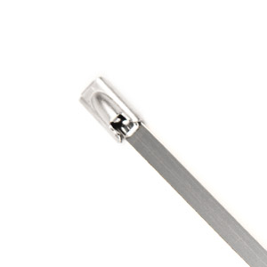 Stainless steel cable tie featuring a durable self-locking head, designed for heavy-duty industrial and outdoor use.