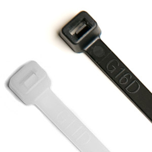Close-up view of black and white nylon cable ties, ideal for organizing and securing wires in various electrical and industrial applications.